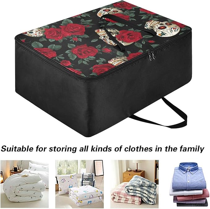 Comforter Storage Bags Large Folding Blanket Organizer Bag with Strong Handles Clear Window Closet Storage Containers for Clothes King Queen Pillows Bedding Quilt Duvet Black Skulls Roses Elega