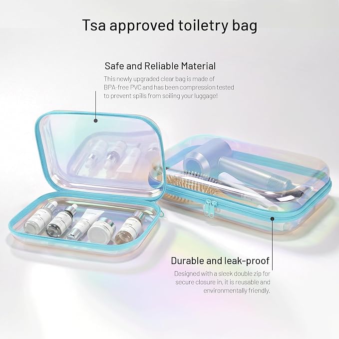 Clear Hard Shell Organizer Cases, 2 Pack | Iridescent PET shell with water-resistant, scratch-resistant surface for travel, toiletries, electronics and daily essentials