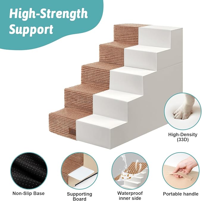 COZY KISS Dog Stairs for Small Dogs, 5 Step Pet Stairs for Beds & Couches | 23.6" Extra Wide Non-Slip Dog Steps with Removable Tiers & Support Board for Puppies, Older Cats & Dogs, Light Brown