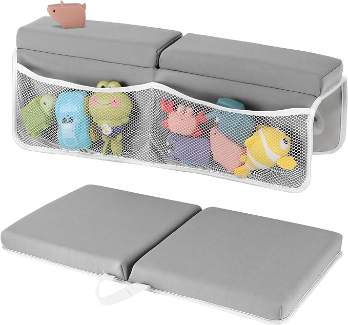 Baby Bath Kneeler and Elbow Rest Pad Set, Gray | 1.5" Thick Soft Memory Foam, Bath Toys Organizer, Non-Slip, Quick-Dry, Foldable, Gift for Parents