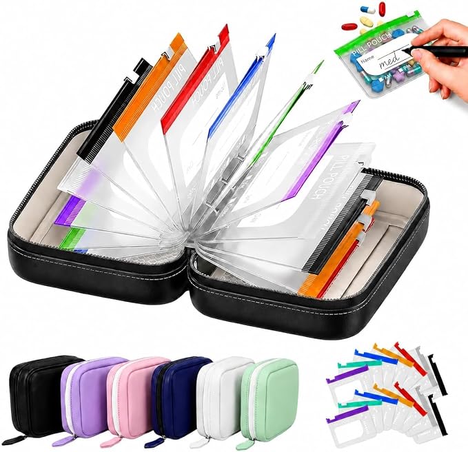14 Color-Coded Waterproof Pill Pouch Set, Book-Shaped Travel Pill Organizer, Reusable Medication Storage Case for Vitamins, Prescription Pills, College Dorm Daily Use and Pet Supplements，Black