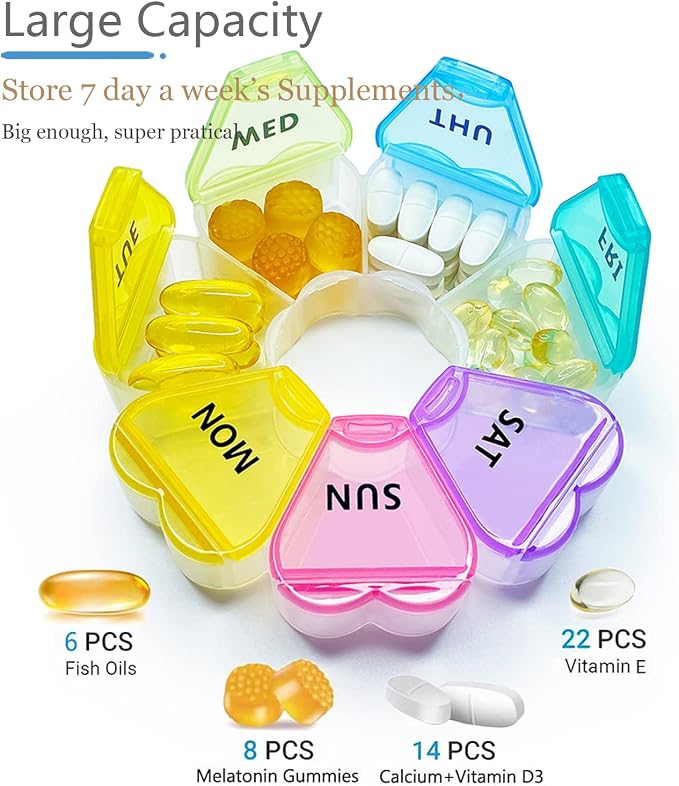 MOLN HYMY Large Weekly Pill Box 7 Day, Pill Case Organizer 1 time a Day, Floral Pill Container Once Daily, Pretty Medicine Dispenser for Vitamin/Fish Oil/Medication/Supplements