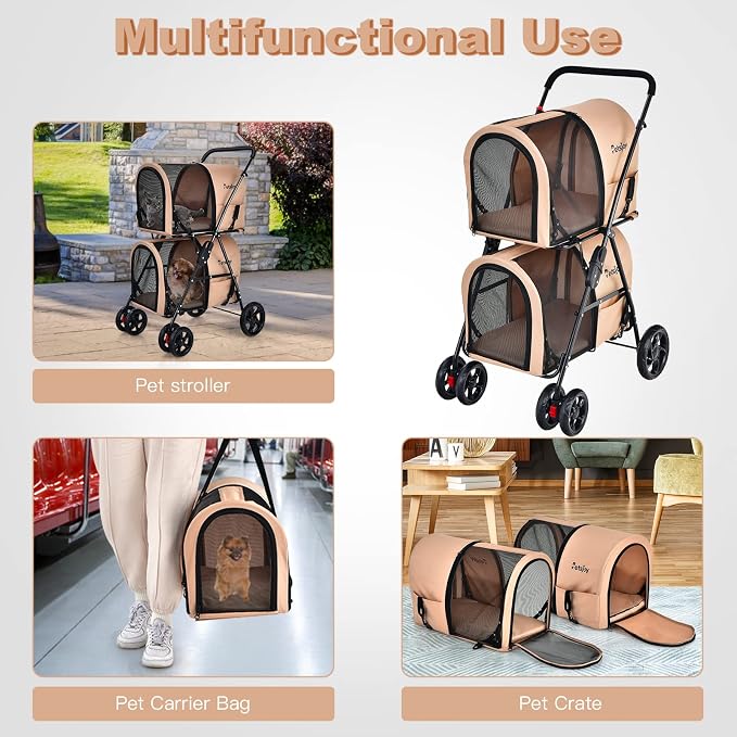 PETSITE Double Dog Stroller, Foldable Pet Stroller for 2 Dogs & Cats Small Medium Sized with Detachable Carrier on Wheels, Ideal for Car Seat Walking Camping Travel