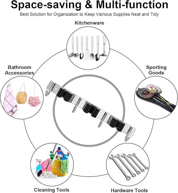 Broom Hanger Wall Mounted, 2PCS Mop and Broom Holder Wall Mount Garage Organization and Storage Stainless Steel Kitchen Tool Organizer Wall Hanger for Laundry Room Garden Garage Closet Kitchen | Stainless Steel Organizer for Garage, Kitchen, Closet & L...
