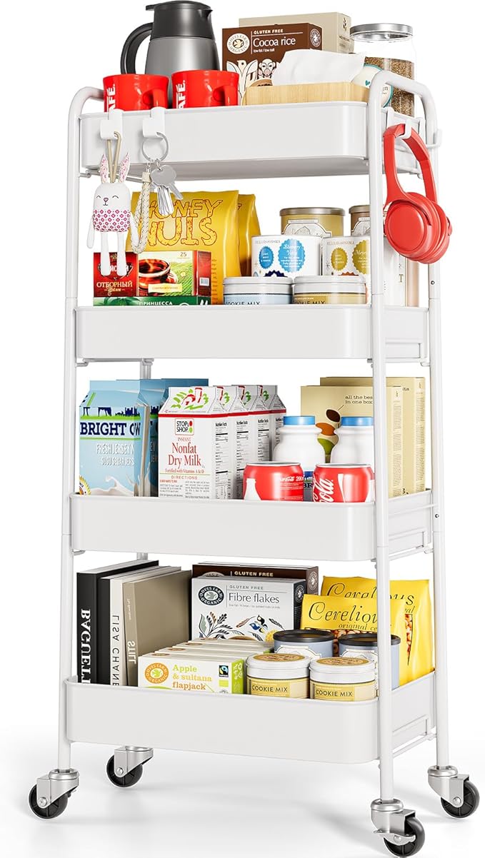 TOOLF 4 Tier Metal Rolling Cart, Utility Storage Cart with Wheels, White | Screwless Assembly, Lockable Metal Wheels, Trolley Organizer for Bathroom, Kitchen, Office, Dorm, Laundry, Craft Room