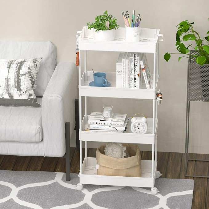 4 Tier Rolling Cart with Wheels, Storage Craft Art Trolley Organizer Serving, 3 Hanging Baskets Easy Assembly, for Office, Living Room, Kitchen