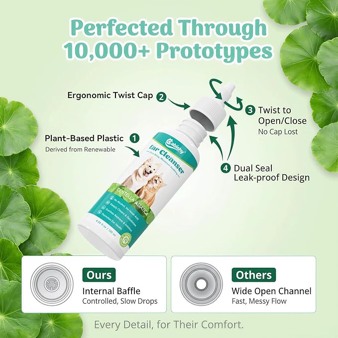 Cabishy Ear Cleaner for Dog Cat Ear Drops Wax Removal with Centella Asiatica No Irration, No Alcohol, Non-Medicated Pet Ears Wash Cleaning Solution Itch Relief Soothing Deodorizing Itchy Ears 4oz