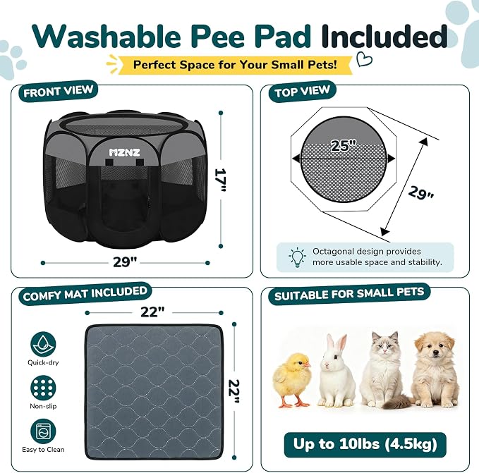Dog Cat Small Animal Puppy Playpen with Pee Pad, Small, Dark Grey | Portable Pop Up Pet Crate Cage Enclosure Tent Kennel Indoor Outdoor with Carrying Case, No Assembly, Camping Use