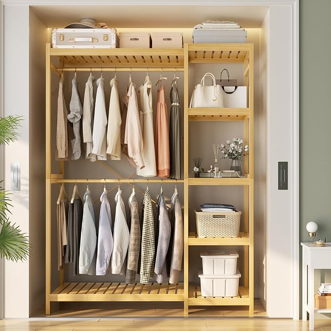 Bamboo Closet System, Heavy Duty Clothing Rack for Hanging Clothes, Freestanding Clothes Rack with 7 Adjustable Shelves & 2 Rods, 4 Hooks, Open Wardrobe Closet Organizer Garment Rack