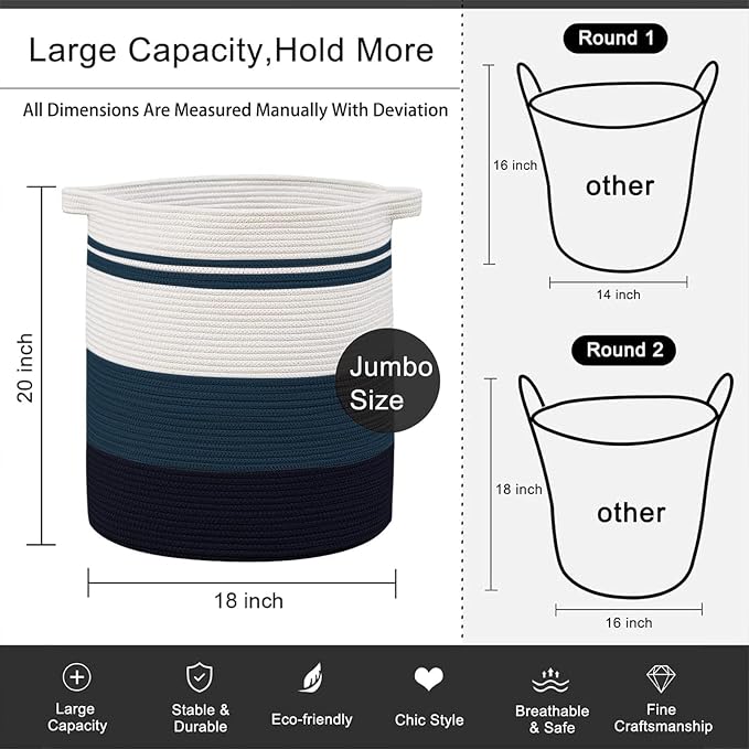 OIAHOMY 80L Laundry Baskets Hamper with Handles,Decorative Basket for Living room,Woven Storage Basket for Toys Bin,Pillows, Blankets,Clothes-20x18in-Gradient Blue | Tall Dirty Clothes Hamper with Handle,Blanket Basket,Decorative Basket for Living Room...