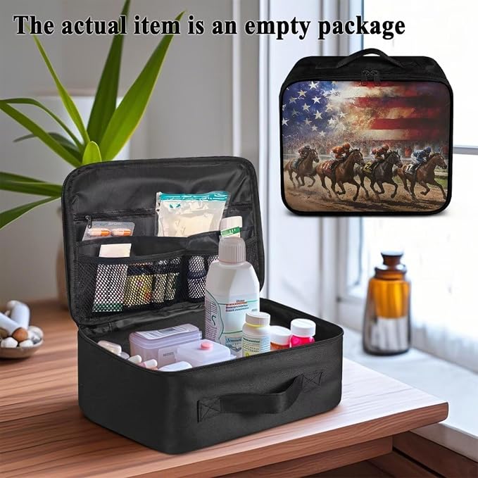 Rnyleeg USA Flag Horse First Aid Kit Travel Large Capacity Design Medicine Supply Organizer Bag for Home, Office, Car, Outdoor, Boat, Camping, Hiking