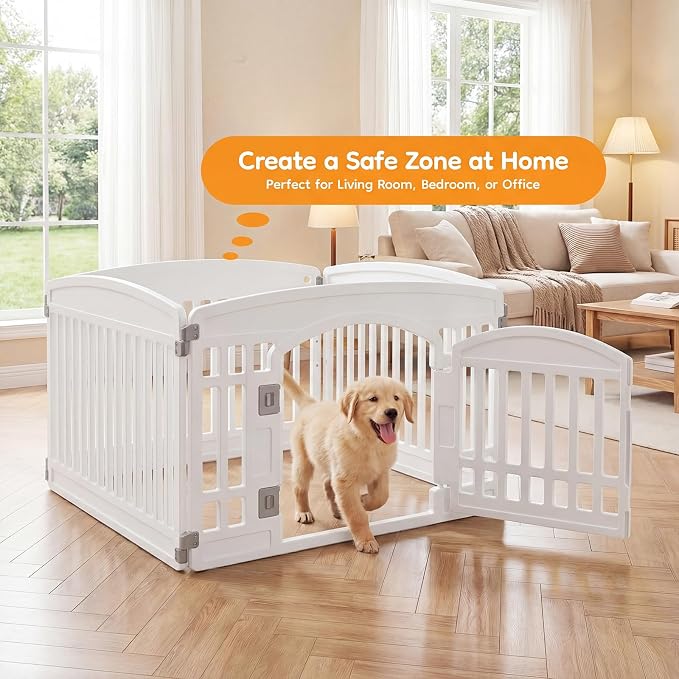 NEWBULIG 24 Inch 4 Panels Dog Playpen, Plastic Pet Play Pen Fence | Portable, Secure Locking Door, Indoor Outdoor Yard RV Camping, Small Medium Dogs, White