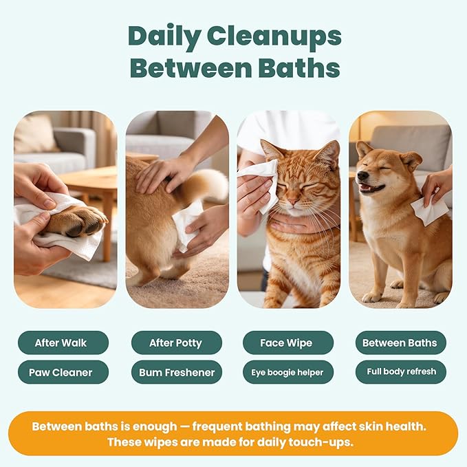 200 Count Dog Wipes & Cat Wipes (4x50 Packs) | Hypoallergenic, pH Balanced for Paws, Body, Face & Grooming |All-Natural Plant Fiber Wipes with Aloe, Coconut Oil & Vitamin E |Pearl Texture