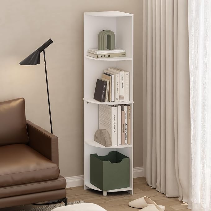 Furinno ECON Corner Shelf, 4-Tier Corner Book Shelf, Storage Shelves, Display Rack, Bookshelf, for Organization and Storage, Living Room, Home Office, White
