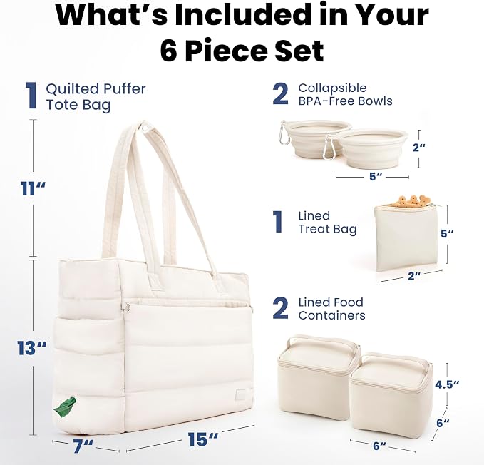 Puffer Dog Travel Bag for Dog Moms, Diaper Bag with Travel Bowls | 2 BPA-Free Collapsible Bowls, 2 Pet Food Containers, 9 Pockets, Everyday Puffer Bag Works With or Without Your Dog, Beige