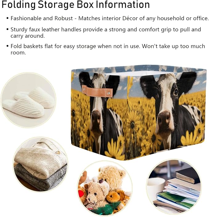 Cow Sunflower Storage Basket Bin Memorial Day Large Fabric Toys Storage Cube Box with Handles Collapsible Closet Shelf Cloth Organizer for Nursery Bedroom Bathroom