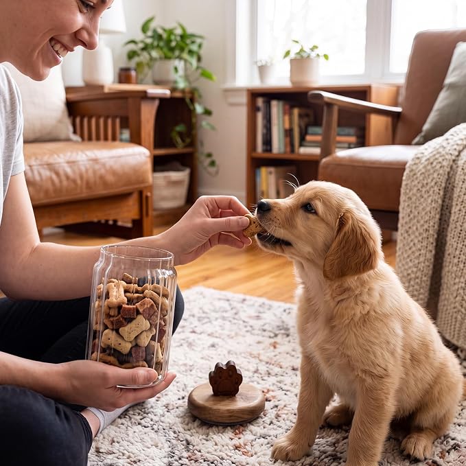 3 Pcs Glass Dog Treat Container, Dog Cookie Jar with Wooden Lid | 3 Sizes, Airtight Pet Treat Storage Container, for Kitchen Counter, Treats Canister, Doggie Cookie, Pets, Stripe Paw