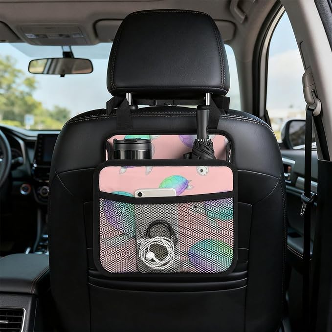 Auto Seat Back Organizer Car Hanging Storage Bag with Mesh Pocket, | Watercolor Sea Turtles Pink, PU Leather Vehicle Backseat Pouch Automotive Interior Accessories