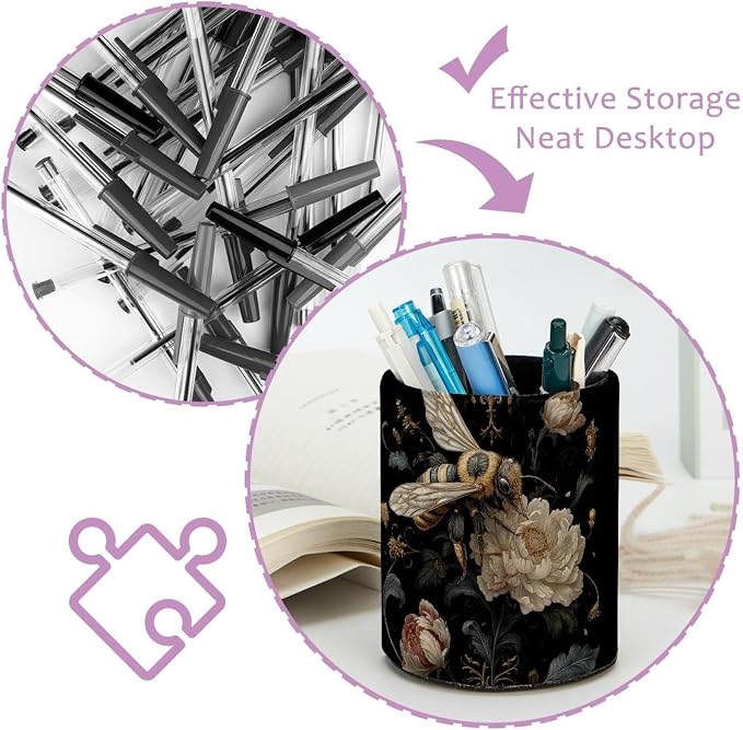 Faux Leather Pen Holder for Desk, Pencil Organizer Cute Bee Pen Cup Desk Decor Makeup Brush Holder Storage for Office Home