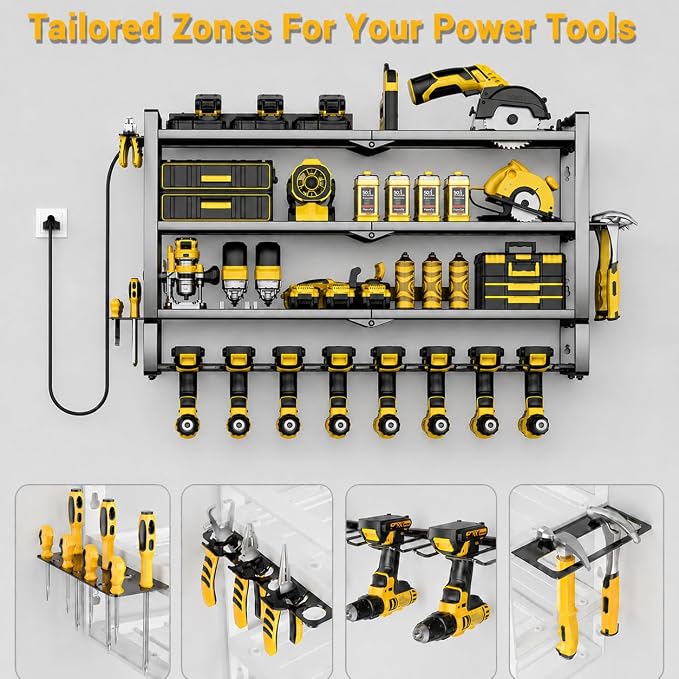 Power Tool Organizer Wall Mount with Charging Station,4 Layer,5 Outlets | 8 Drill Holder,Loads 400LBS,Heavy Duty Metal Extra Tall Tool Shelf,For Tool &Battery Storage,Utility Racks for Garage
