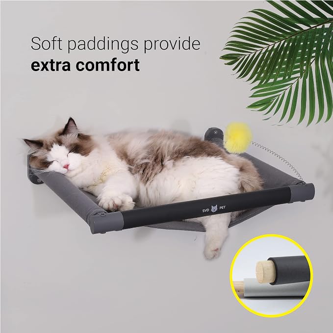Cat Hammock Wall Mounted with Toy, Soft Padded & Comfortable Cover Premium Wall Furniture. Modern Design Cat Shelf. Supports up to 40 lbs (Comfy Plus, Dark Grey)