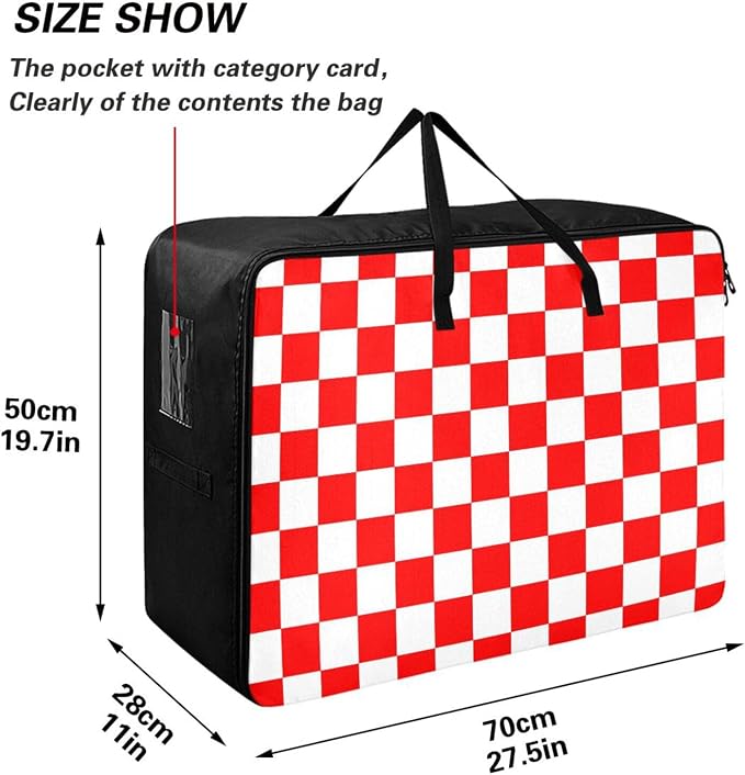 Comforter Storage Bags Large Folding Blanket Organizer Bag with Strong Handles Clear Window Closet Storage Containers for Clothes King Queen Pillows Bedding Quilt Duvet Checkered Red and White