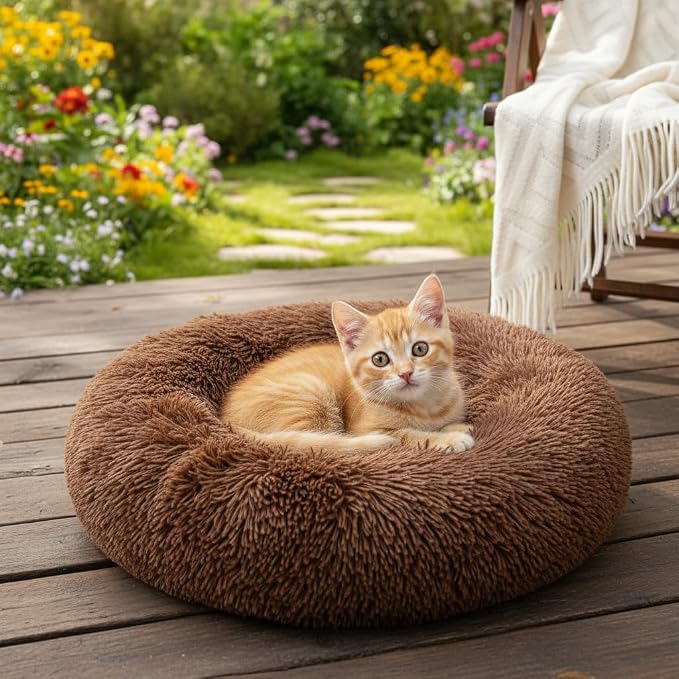 Soft Plush Round Pet Bed for Cats or Small Dogs, Mini Sized Dog Cat Bed | Soft Long Shag Faux Fur, Warming Cushion, Anti Slip Water Resistant Base, Machine Washable for Kittens, Ferret, Bunny Pets