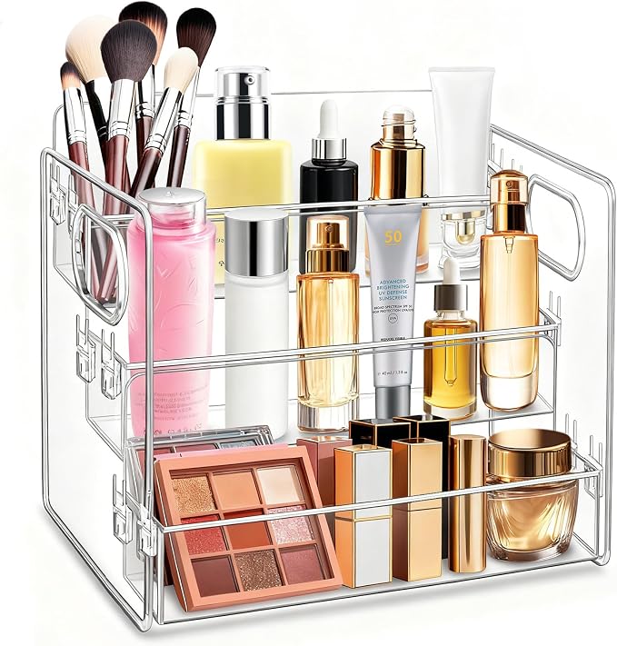 3-Tier Bathroom Counter Organizer – Storage Shelf for Makeup, Perfume & Skincare, Makeup Perfume Tray Skincare Organizer Fits Bathroom, Dresser, Kitchen (Clear)