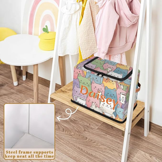 Custom Cute Cats Storage-Bin With Zipper Lid for Kids-Girls-Boys-Baby-Pet,Personalized Name Foldable Storage Box with Handle,Baby Basket With Label for Bedroom Nursery Toy Clothes,Multi