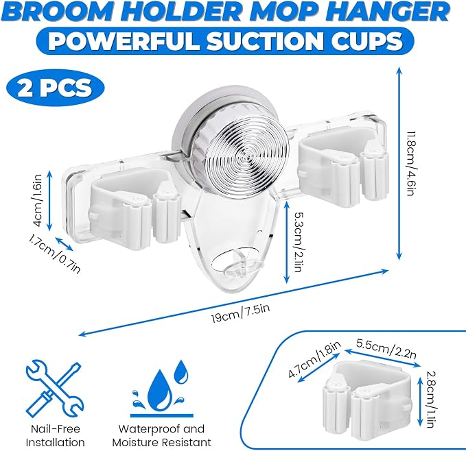 LELE LIFE 2 Pack Broom Holder Mop Hanger - Strong Suction Cup - No Drill Removable Broom Organizer Rack Wall Mount with Hooks for Bathroom Kitchen Garage, Clear