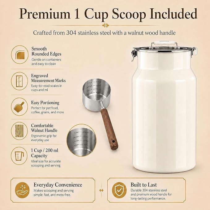 35 lb Dog Food Storage Container, Airtight 304 Stainless Steel Bin | 32 Qt capacity, locking lid, silicone seal ring, top handle, 1 cup scoop, for kibble, dogs and cats