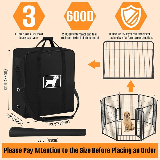 Dog Playpen Storage Bag Fit 32" H 8 Panels and 9 Stakes, 600D Oxford Fabric | Dog Fence Travel Bag for Foldable Exercise Pet Playpen, with Shoulder, Waterproof Tear Resistant, Designed for RV Trips