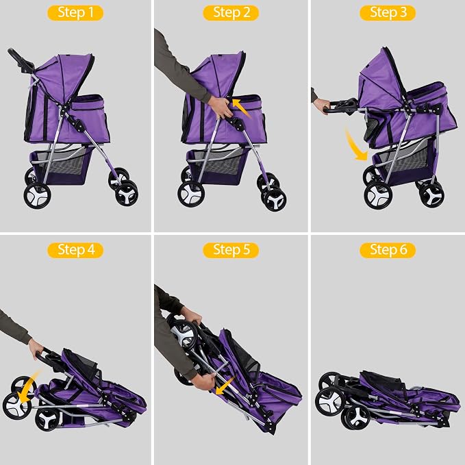 4 Wheels Dog Stroller Folding Pet Strolling Cart for Small Medium Cats Puppies Portable Jogger Travel Camping Puppy Carrier with Storage Basket Cup Holder, Purple