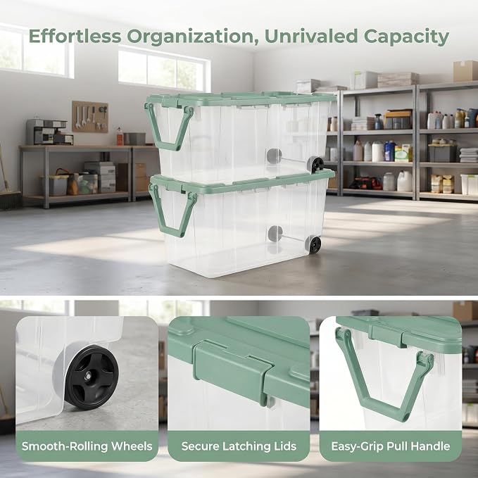 2 Pack 40 Gallon Wheeled Clear Storage Bin With Pull Handle & Latching Lid