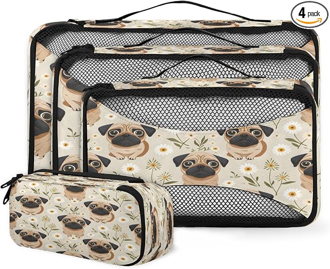 Pug Dog 4 Set Travel Packing Cubes for Accessories, Suitcase Organizers Luggage Bags Set with Double Zippers & Mesh Top