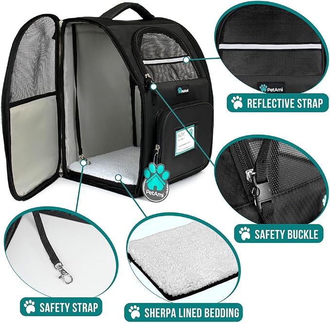 PetAmi Dog Backpack Carrier Airline Approved Cat Pet Puppy Bag, Black