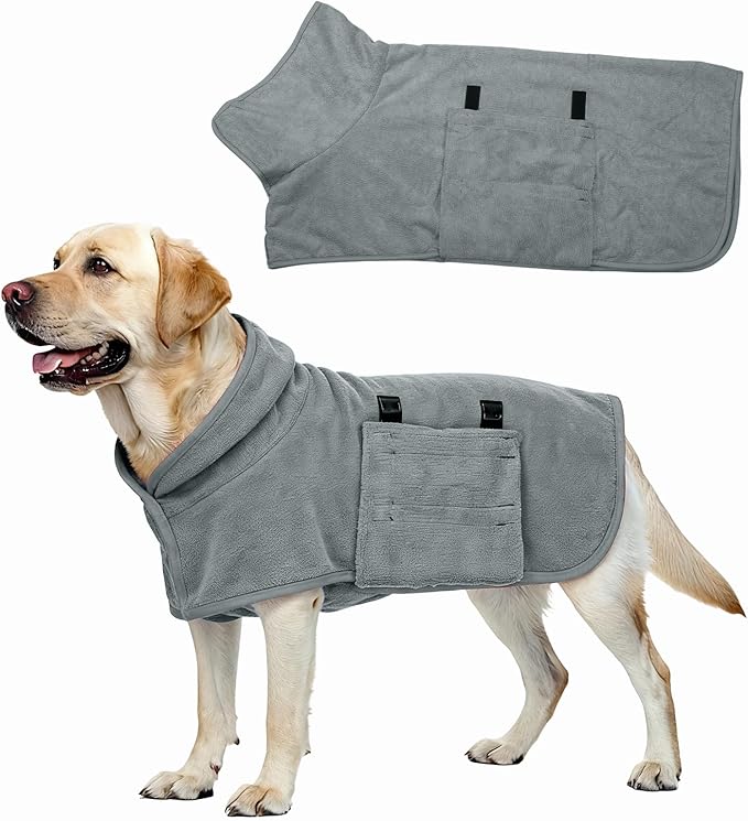 Dog Drying Coat, Dog Robes for After Bath Bathrobe Super Absorbent Towel Soft Adjustable, (L, Gray), Intended for Fast Drying Warm Keeping Pet Cats Kitten Puppies