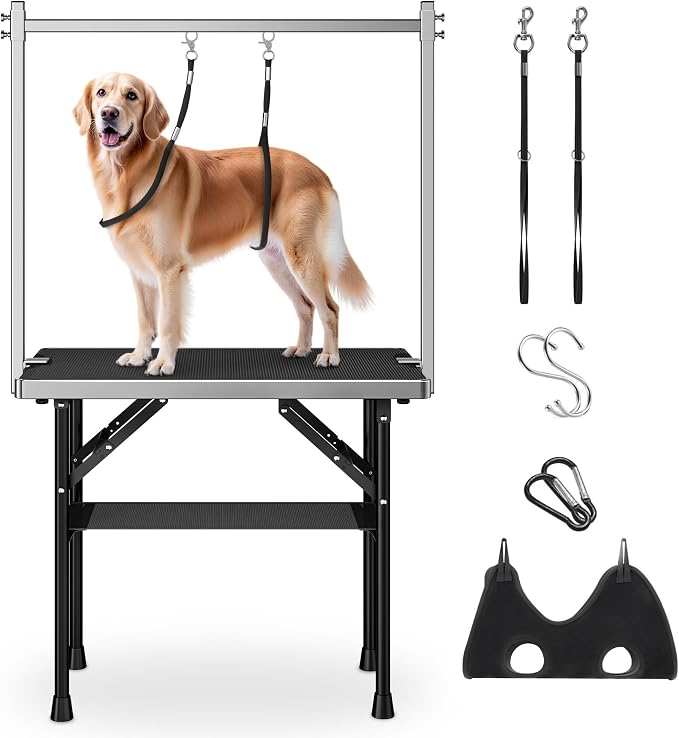 Dog Grooming Table with Arm, Hammock, Nooses, 35.5"L×23.6"W Tabletop | 30" H Foldable Heavy Duty Pet Grooming Station | Non-Slip Waterproof Tabletop | 33.5" H Adjustable Stainless H-Frame Arm