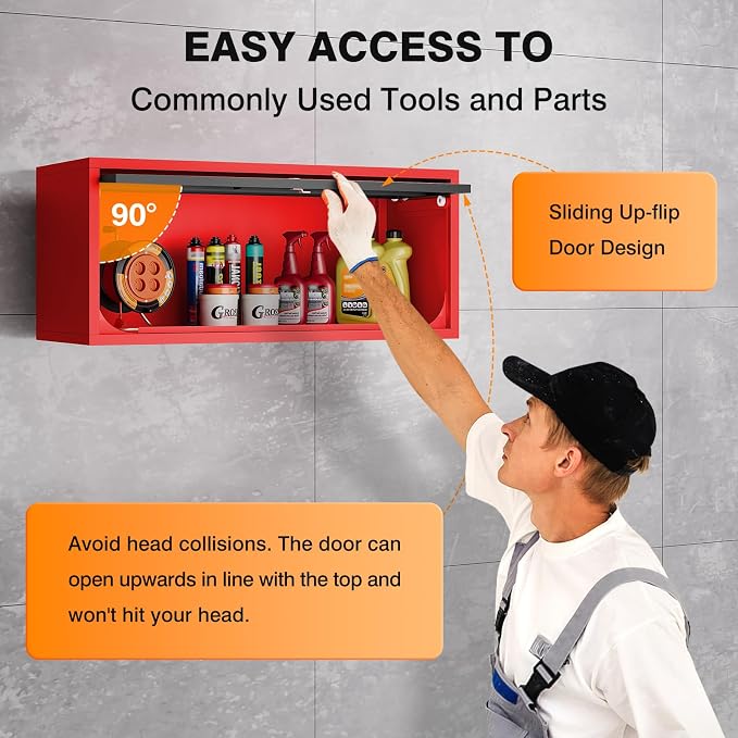 Metal Wall Storage Cabinet with Up-flip Door, Wall-Mounted Storage Cabinet for Garage, Warehouse, Home, Office, Assembly Required (Black Red, One Cabinet)