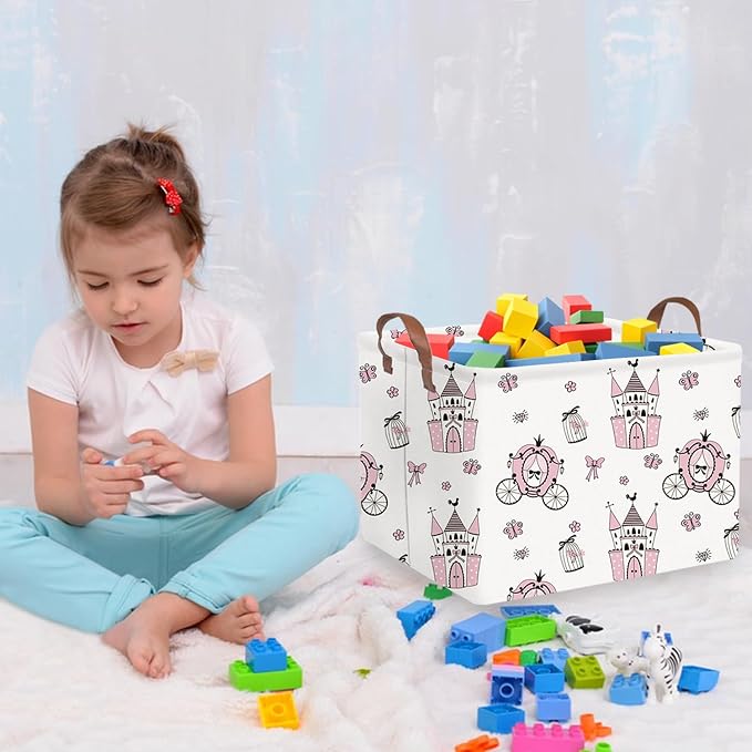 Rectangular castle Storage Basket,Kids Dirty Clothes Hamper,Waterproof canvas storage basket,Books Box,Girls Room decor(Pink Princess)