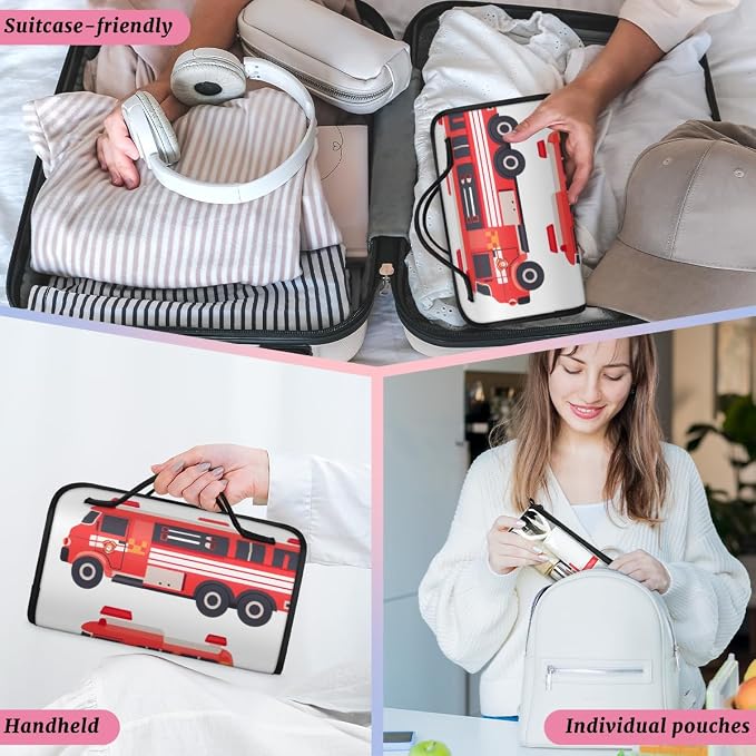 Fire Trucks Makeup Bag for Women Hanging Roll-Up Travel Organizer Toiletry Kit with 4 Removable Compartments, Car