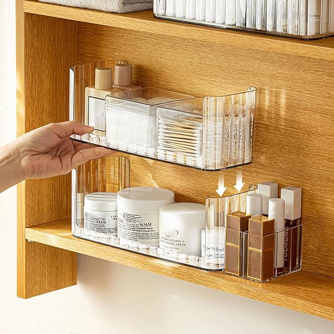 2-Tier Stackable Medicine Cabinet Organizer Shelves, Clear | Makeup Storage with Lipstick Holders, Cotton Swab Holder, Shelf Trays for Bathroom Cabinet, Counter, Vanity