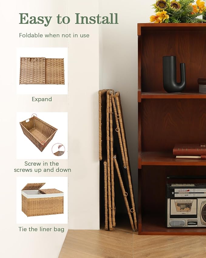 SETVSON Storage Basket with Lid, 2-Lid PE Rattan Storage Bin, Natural | 105L Storage Bin with 2 Separate Lids, 2 Removable Liners for Clothes & Blankets, Sturdy Metal Frame, PE Rattan