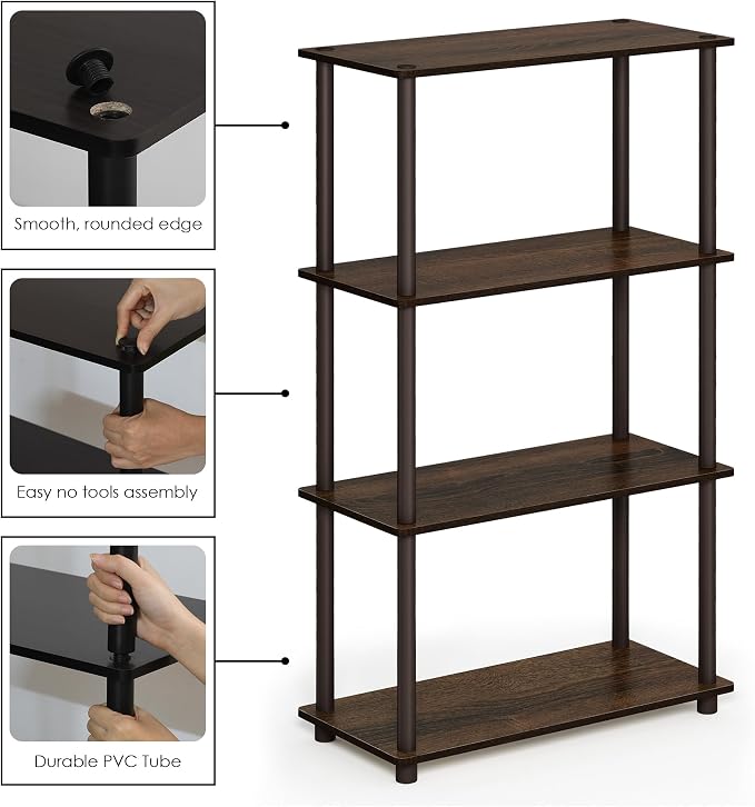 Furinno Turn-N-Tube Storage Shelves, 4-Tier Toolless Book Shelf, Corner Shelf, Open Shelves, for Organization and Storage, Living Room, Garage, Home Office, Walnut