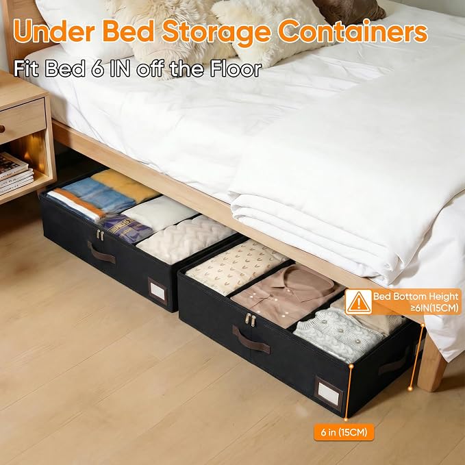 OIAHOMY 2 Pack 53L Under Bed Storage with Adjustable Dividers, 6" Low Profile Underbed Storage Bins for Comforters & Clothes, Save Closet Space with Clear View Lid & Reinforced Handles, Black