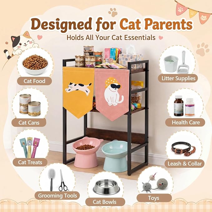 Cat Feeding Station with Storage, 3-Tier Cat Food Organizer Shelf, Elevated Feeding Area Fits Different Bowl Heights, Space Saving Pet Supply Rack with Decorative Flags(Not Include Bowls)