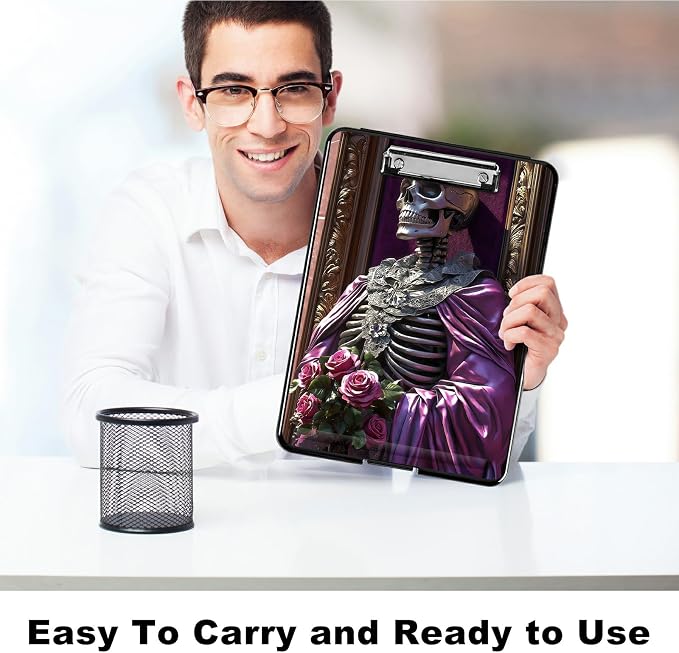 Heavy Duty Storage Clipboard, Slim Nursing Clipboard with Internal Pen Case, Portable File Organizer Case for A4 Letter Size Paper Office Medical Professionals, Purple Clothes Skull