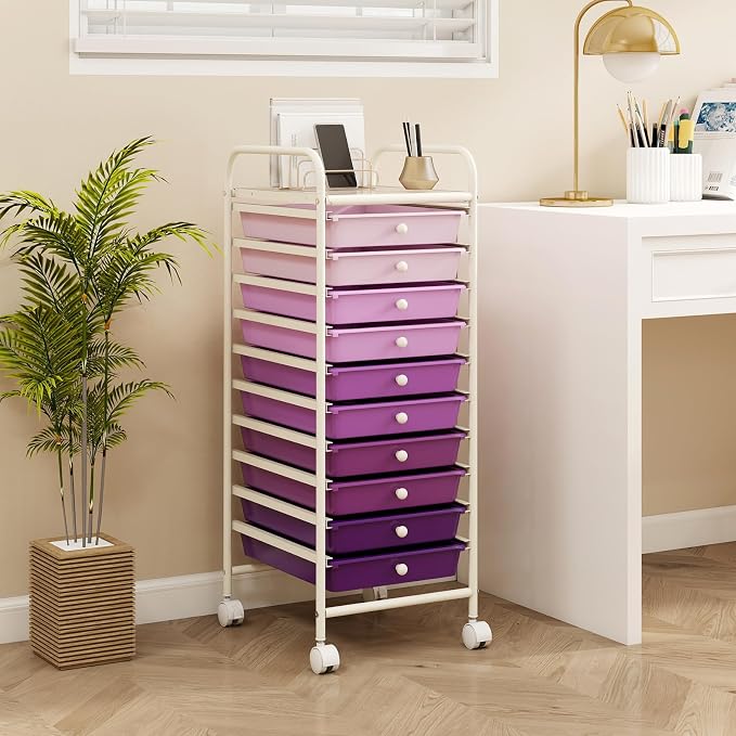 10 Drawer Rolling Storage Cart, Organization Cart on Drawers for Craft Makeup Paper Tool Art Supply, Versatile Utility Cart on Wheels for Home Office Classroom School (Gradient Purple)