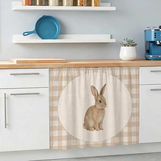 Rabbit Plaid Oven Skirt Curtain for Kitchen Decor 28"x35", Rustic Farmhouse Checkered Retro Animal Self Adhesive Stove Curtains Skirt Cabinet Curtains for Bathroom Laundry Room