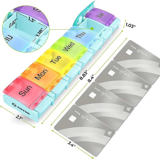 AUVON Weekly Pill Organizer Arthritis Friendly, BPA Free Travel 7 Day Pill Box Case with Spring Open Design and Large Compartment to Hold Vitamins, Cod Liver Oil, Supplements and Medication